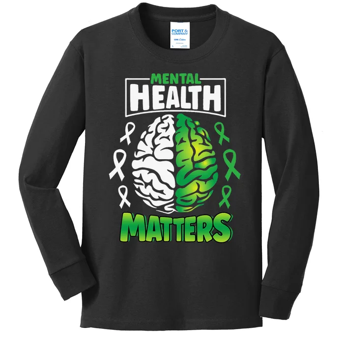 Mental Health Matters Spread Awareness Brain Green Ribbon Kids Long Sleeve Shirt