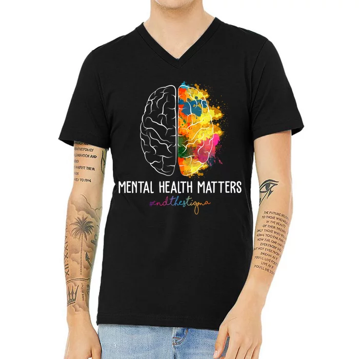 Mental Health Matters End The Stigma Colorful Brain V-Neck T-Shirt