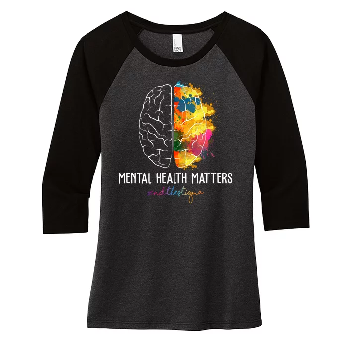 Mental Health Matters End The Stigma Colorful Brain Women's Tri-Blend 3/4-Sleeve Raglan Shirt