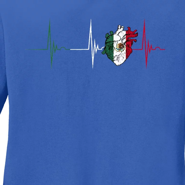 Mexico Heart Mexico Flag Heartbeat EKG Pulse Mexican Pride Ladies Long Sleeve Shirt