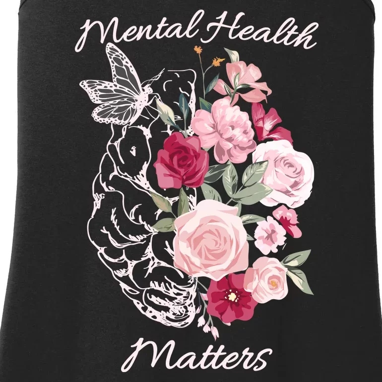 Mental Health Matters Hand Drawn Flowers Brain Awareness Month Ladies Essential Tank