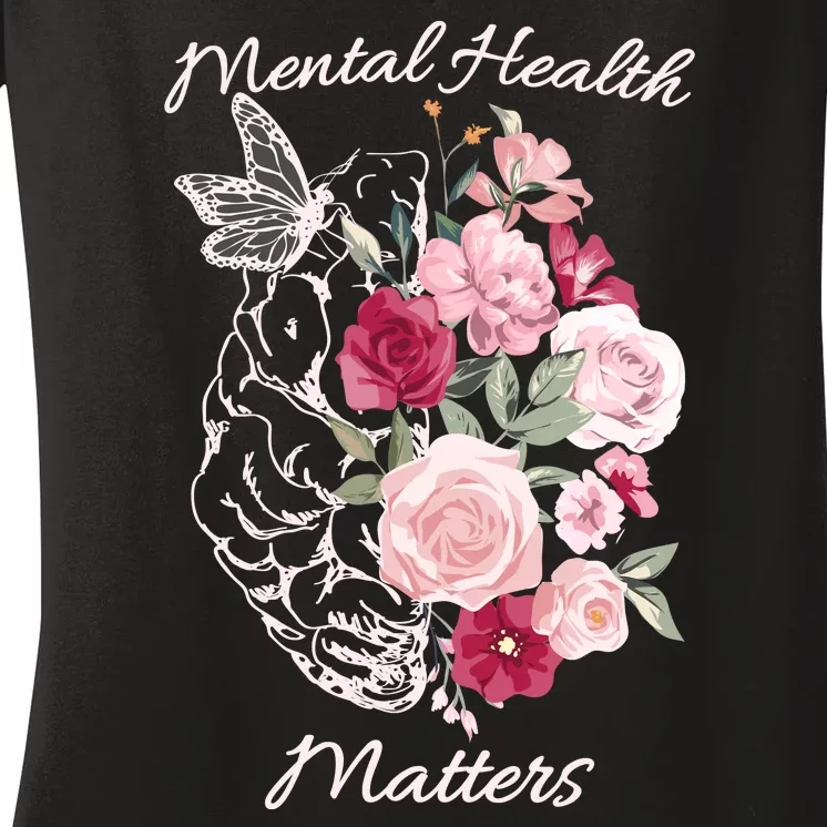 Mental Health Matters Hand Drawn Flowers Brain Awareness Month Women's V-Neck T-Shirt