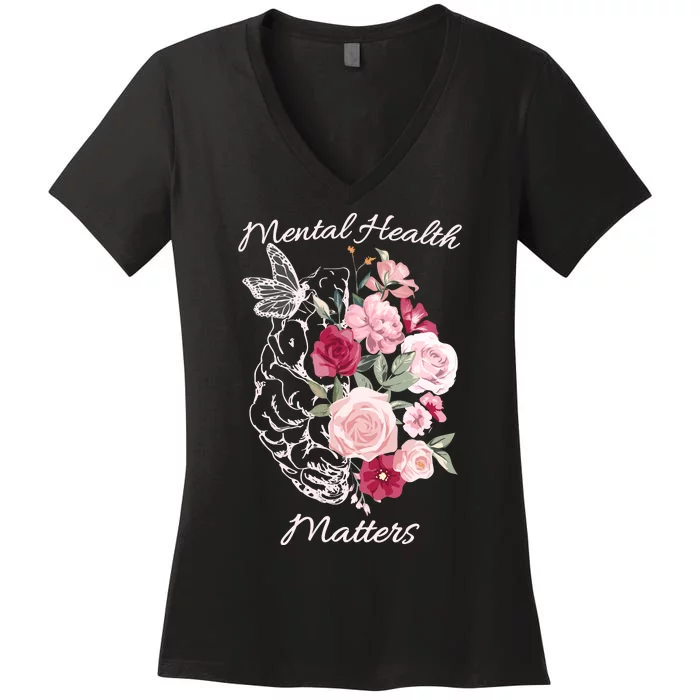 Mental Health Matters Hand Drawn Flowers Brain Awareness Month Women's V-Neck T-Shirt