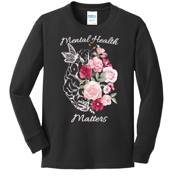 Mental Health Matters Hand Drawn Flowers Brain Awareness Month Kids Long Sleeve Shirt