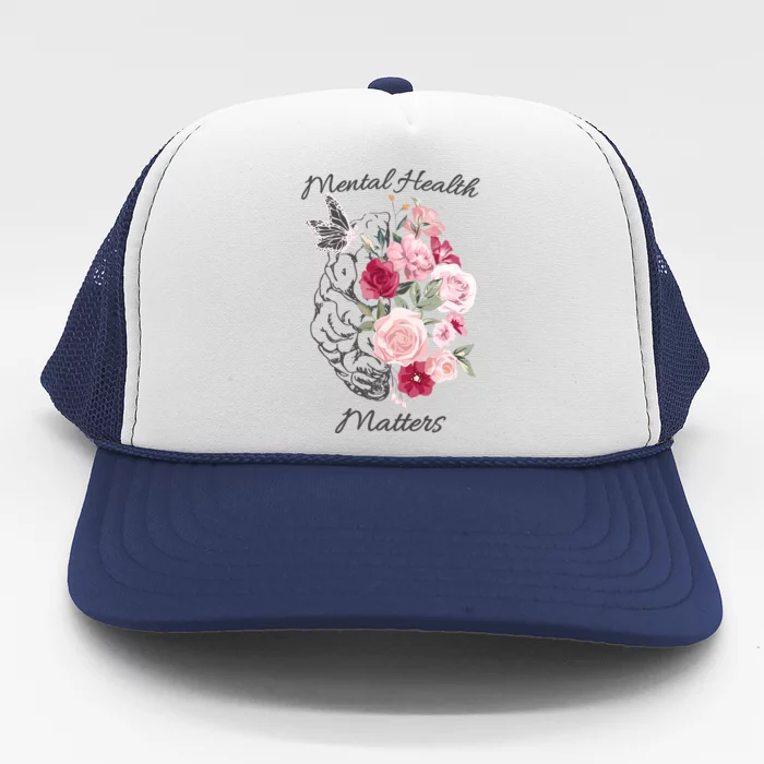 Mental Health Matters Hand Drawn Flowers Brain Awareness Month Trucker Hat