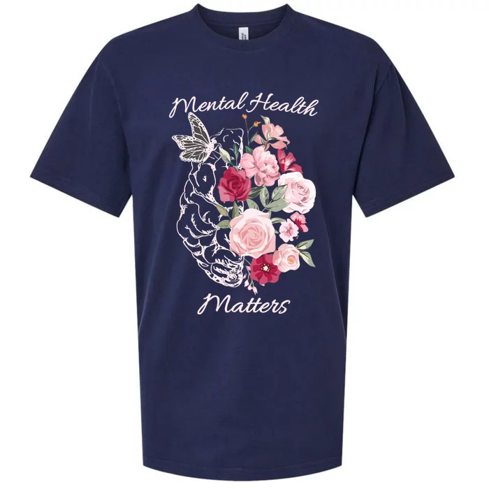 Mental Health Matters Hand Drawn Flowers Brain Awareness Month Sueded Cloud Jersey T-Shirt