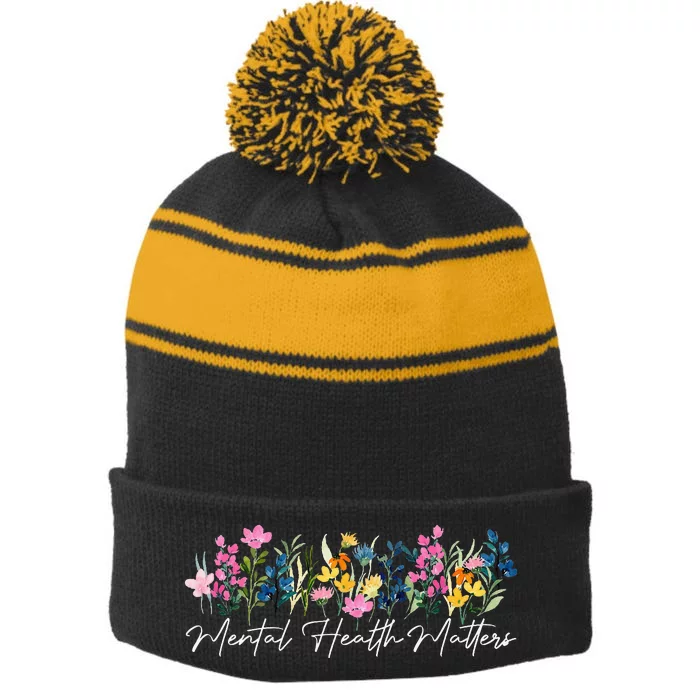 Mental Health Matters Flowers Vintage Wildflower Stripe Pom Pom Beanie