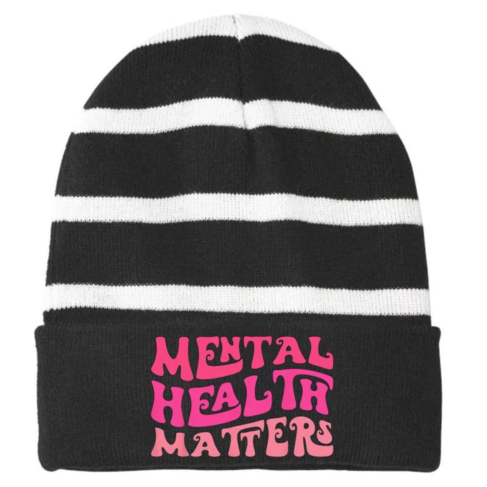 Mental Health Matters Groovy Psychologist Therapy Squad Striped Beanie with Solid Band