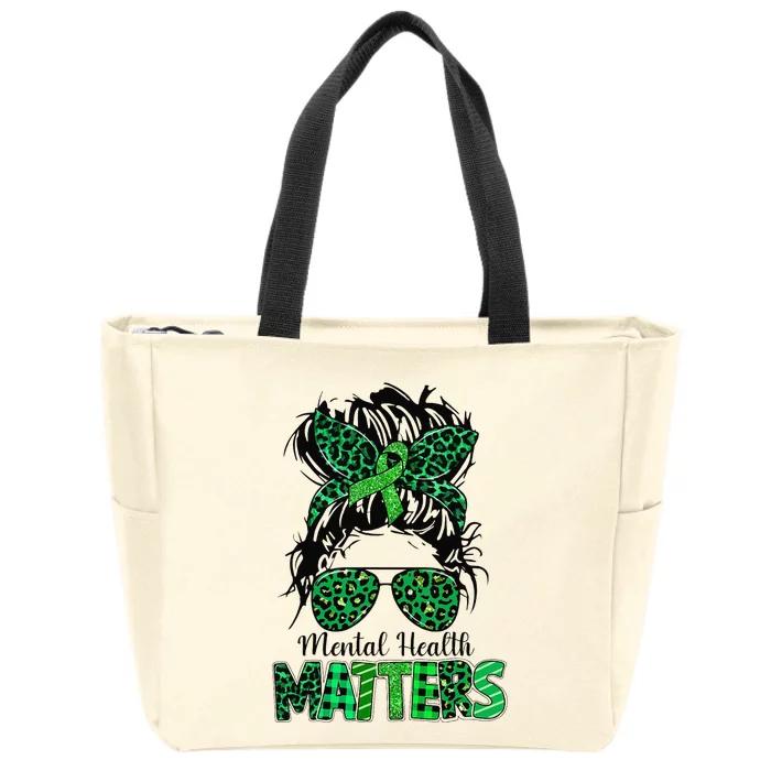 Mental Health Matters Awareness Messy Bun Woman Emotion Zip Tote Bag