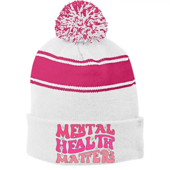 Mental Health Matters Groovy Psychologist Therapy Squad Stripe Pom Pom Beanie