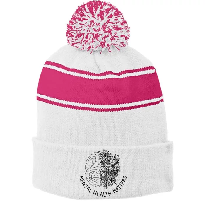 Mental Health Matters Human Brain Flowers Health Awareness Stripe Pom Pom Beanie