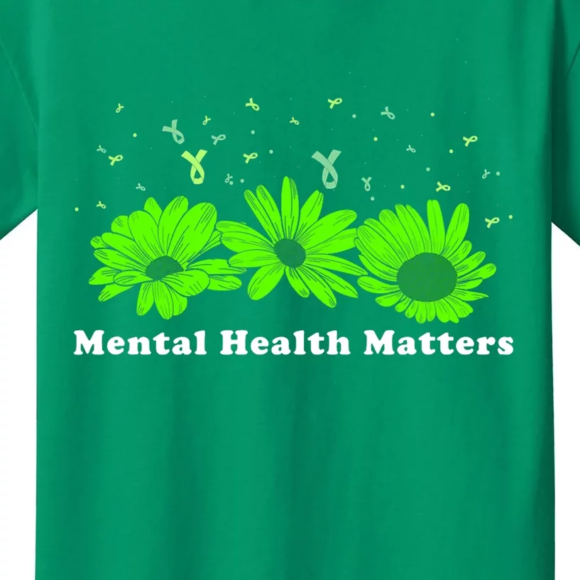 Mental Health Matters Sunflower May Green Awareness Ribbons Kids T-Shirt