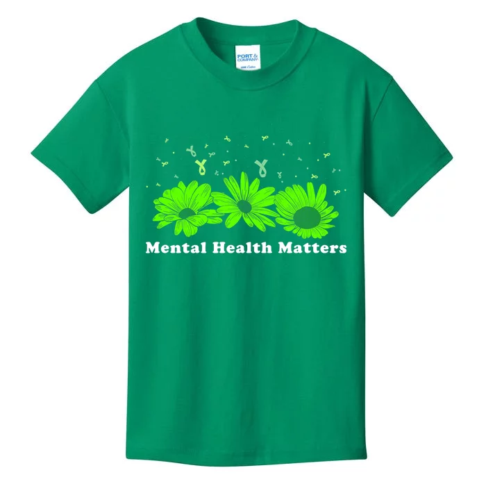 Mental Health Matters Sunflower May Green Awareness Ribbons Kids T-Shirt