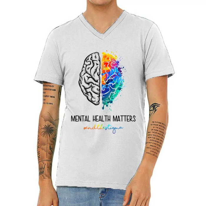 Mental Health Matter End The Stigma Colorful Brain V-Neck T-Shirt