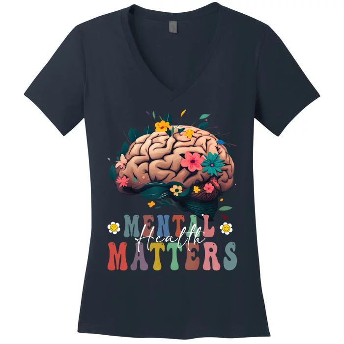 Mental Health Matters Brain Illness Awareness Vintage Groovy Women's V-Neck T-Shirt