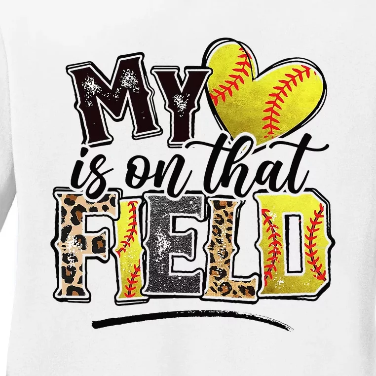 My Heart On That Field Leopard Softball Mama Mom Mothers Day Ladies Long Sleeve Shirt