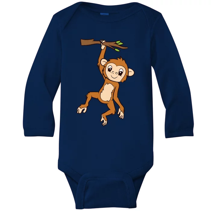 Monkey Hanging On Branch Ape Cute Monkey Baby Long Sleeve Bodysuit