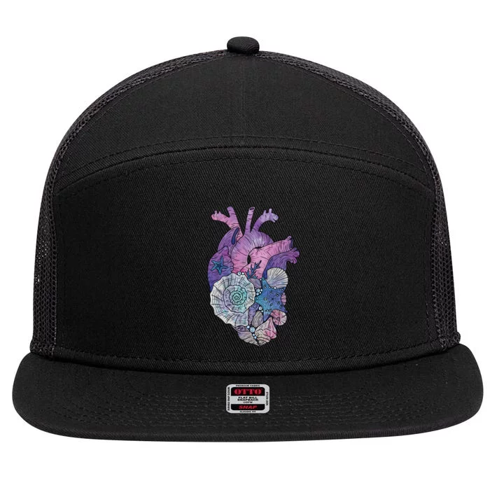 Mermaids Heart  Ocean Inspired Illustration 7 Panel Mesh Trucker Snapback Hat