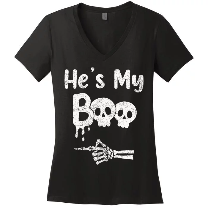 Matching Halloween Pajama Couples HeS My Boo Skull Face Women's V-Neck T-Shirt