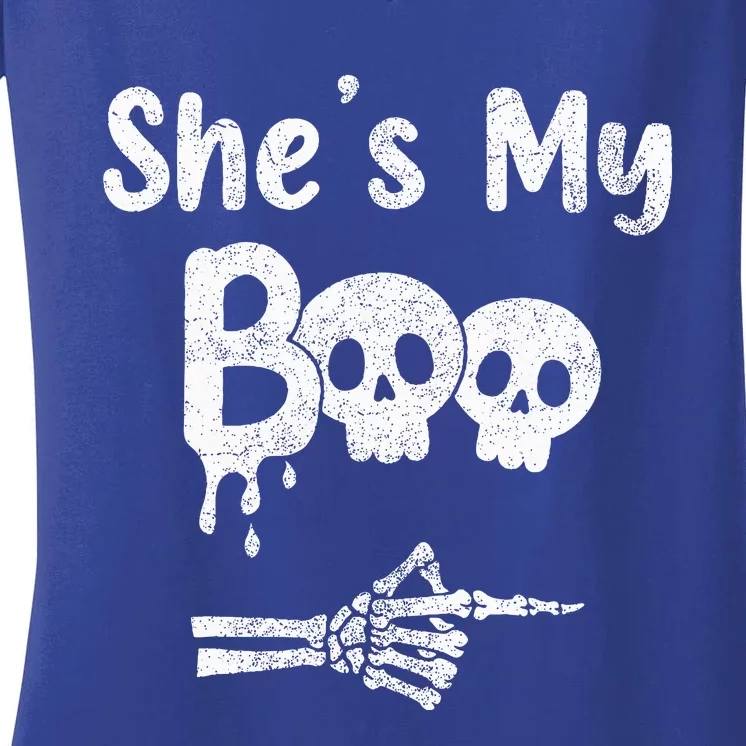 Matching Halloween Pajama Couples She’S My Boo Skull Face Women's V-Neck T-Shirt