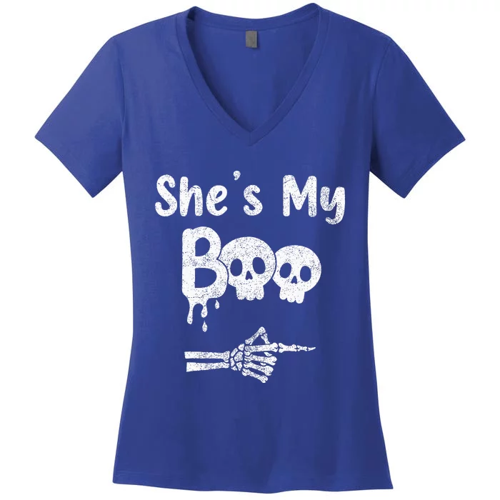 Matching Halloween Pajama Couples She’S My Boo Skull Face Women's V-Neck T-Shirt