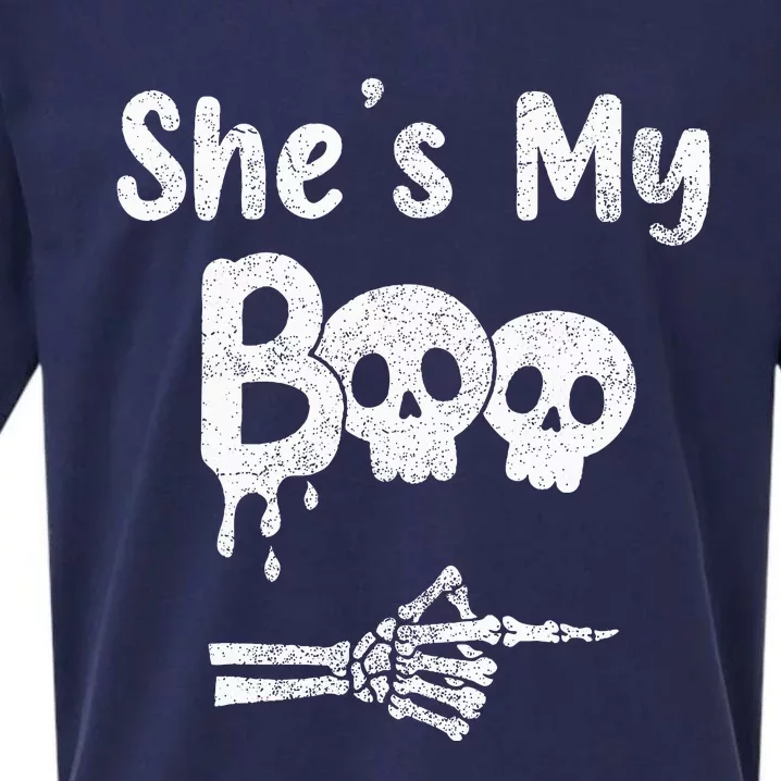 Matching Halloween Pajama Couples She’S My Boo Skull Face Sueded Cloud Jersey T-Shirt