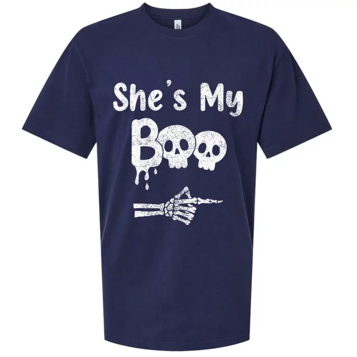 Matching Halloween Pajama Couples She’S My Boo Skull Face Sueded Cloud Jersey T-Shirt