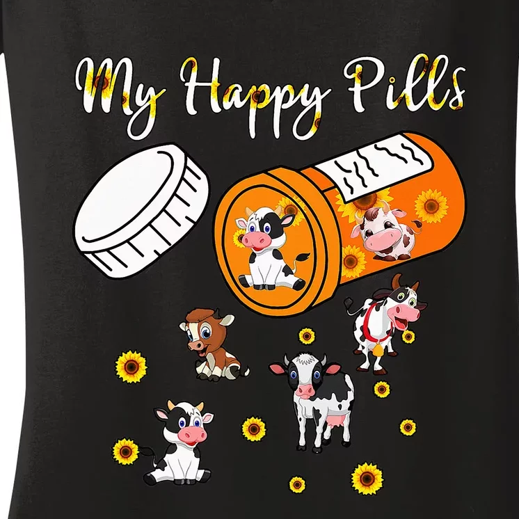 My Happy Pills Sunflower Cows Lover Women's V-Neck T-Shirt