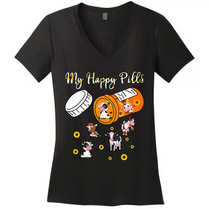 My Happy Pills Sunflower Cows Lover Women's V-Neck T-Shirt