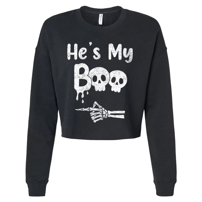 Matching Halloween Pajama Couples He's My Boo Skull Face Cropped Pullover Crew