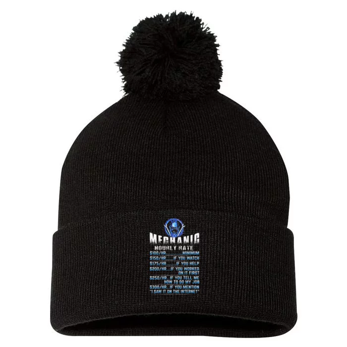 Mechanic Hourly Rate Skull (on back) Pom Pom 12in Knit Beanie