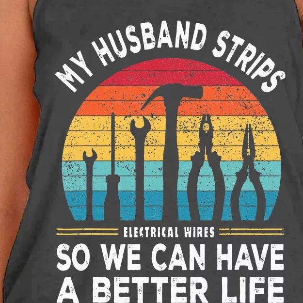 My Husband Strips Wires Lineman and Funny Electrician Women's Knotted Racerback Tank