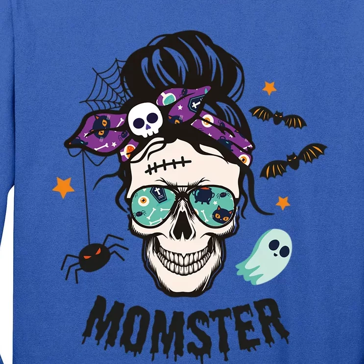 Momster Halloween Skull Mom Messy Hair Bun Mother Momster Gift Tall Long Sleeve T-Shirt