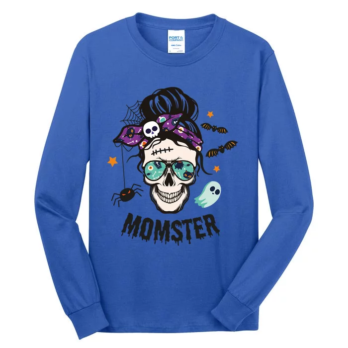 Momster Halloween Skull Mom Messy Hair Bun Mother Momster Gift Tall Long Sleeve T-Shirt