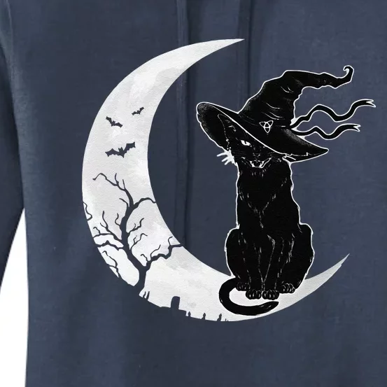 Moon Halloween Scary Black Cat Costume Witch Hat Women's Pullover Hoodie