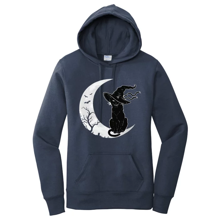 Moon Halloween Scary Black Cat Costume Witch Hat Women's Pullover Hoodie