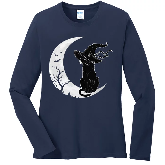 Moon Halloween Scary Black Cat Costume Witch Hat Ladies Long Sleeve Shirt