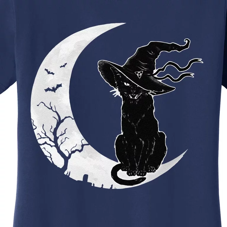 Moon Halloween Scary Black Cat Costume Witch Hat Women's T-Shirt