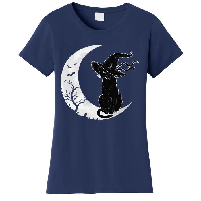 Moon Halloween Scary Black Cat Costume Witch Hat Women's T-Shirt