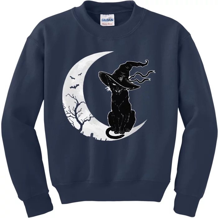 Moon Halloween Scary Black Cat Costume Witch Hat Kids Sweatshirt