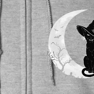 Moon Halloween Scary Black Cat Costume Witch Hat Full Zip Hoodie