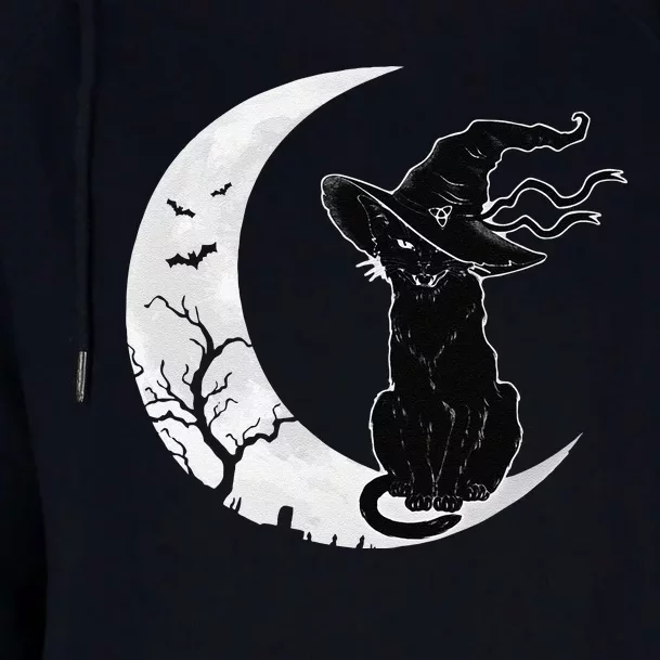 Moon Halloween Scary Black Cat Costume Witch Hat Womens Funnel Neck Pullover Hood