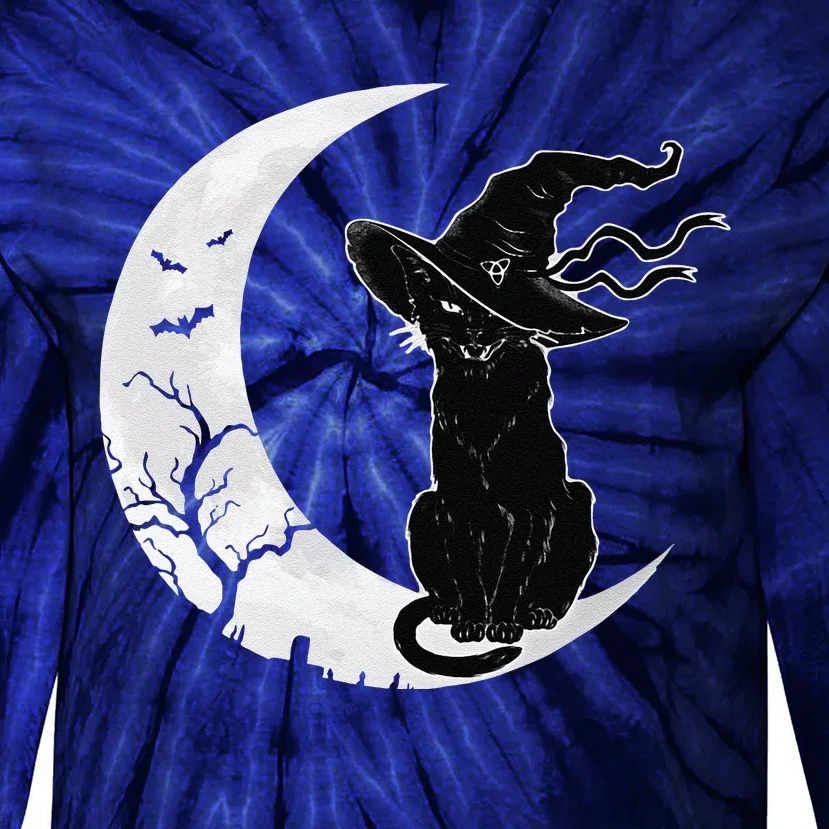 Moon Halloween Scary Black Cat Costume Witch Hat Tie-Dye Long Sleeve Shirt