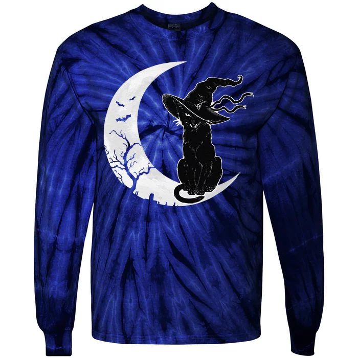 Moon Halloween Scary Black Cat Costume Witch Hat Tie-Dye Long Sleeve Shirt