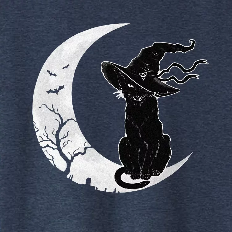 Moon Halloween Scary Black Cat Costume Witch Hat Women's Crop Top Tee