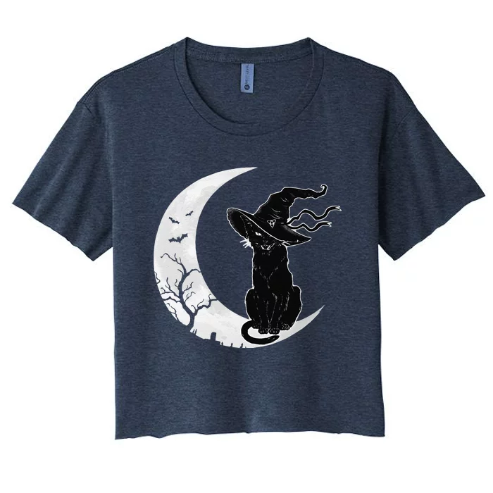 Moon Halloween Scary Black Cat Costume Witch Hat Women's Crop Top Tee