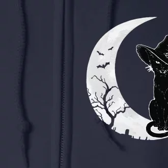 Moon Halloween Scary Black Cat Costume Witch Hat Full Zip Hoodie