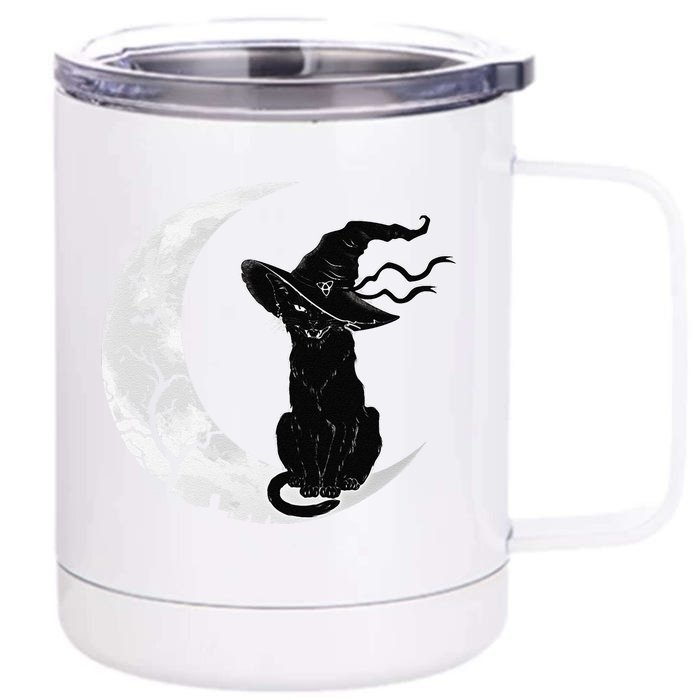 Moon Halloween Scary Black Cat Costume Witch Hat Front & Back 12oz Stainless Steel Tumbler Cup