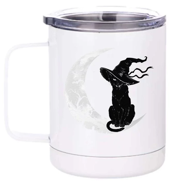 Moon Halloween Scary Black Cat Costume Witch Hat Front & Back 12oz Stainless Steel Tumbler Cup