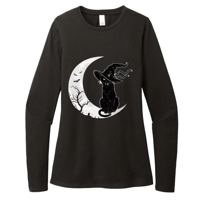 Moon Halloween Scary Black Cat Costume Witch Hat Womens CVC Long Sleeve Shirt